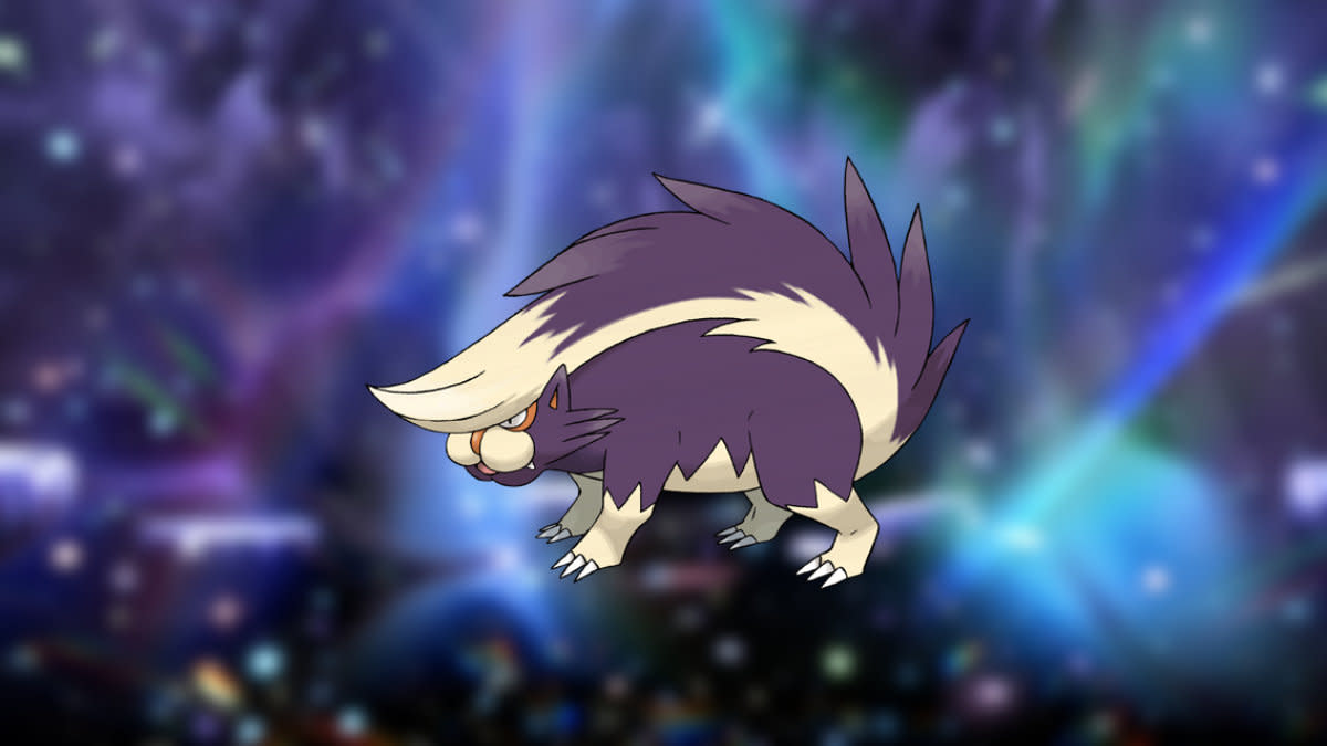 Skuntank from Pokemon against a tera raid background